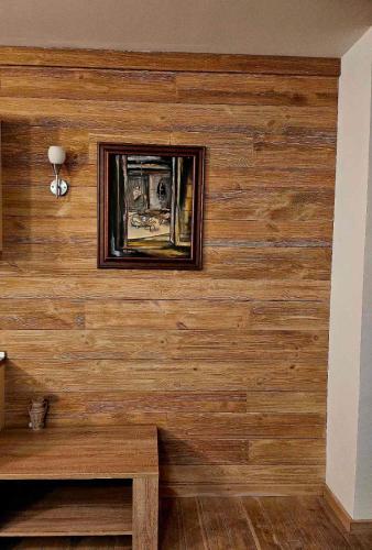 a room with a wooden wall with a picture on it at Privatni apartman u sklopu aparthotela Vucko 002 in Jahorina