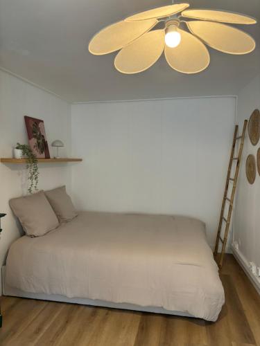 une chambre avec un lit avec un ventilateur de plafond dans l'établissement Appartement terrasse au cœur de la ville, à Cherbourg en Cotentin