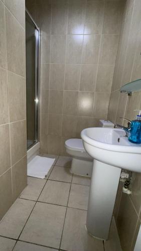 a bathroom with a sink and a toilet at Sangha Hall in Leicester