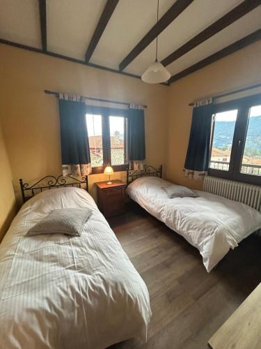 a bedroom with two beds and two windows at Giataki in Elati Trikalon