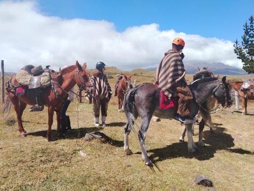 a group of people riding horses in a field at Ruta de los volcanes in Machachi
