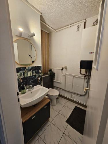 a bathroom with a sink and a toilet at Große moderne Ferienwohnung, zentrale ruhige Lage in Kassel