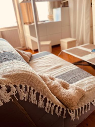 - une couverture dans un lit dans l'établissement Chez So Orcieres, à Orcières