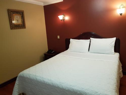a bedroom with a large white bed with two pillows at Prado Hotel in Loja