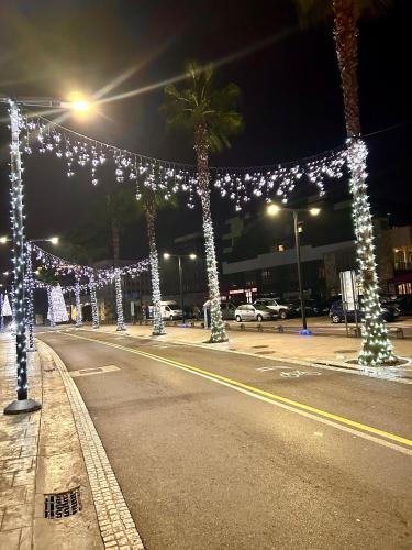 a street with christmas lights and palm trees at night at Apartment #Story in Koper