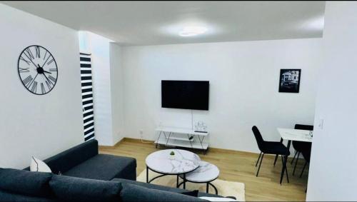 un salon avec un canapé, une table et une télévision dans l'établissement Appartement t2 en plein cœur du centre ville, à Valence