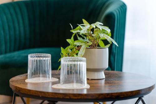 two glasses on a wooden table with a potted plant at Hama Boutique Stays in Budapest