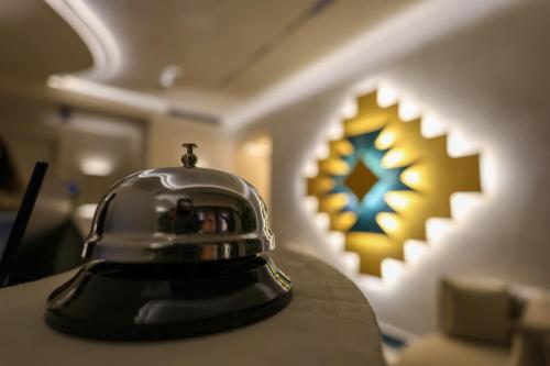 a helmet sitting on a table in a room at Beratinus1 in Berat