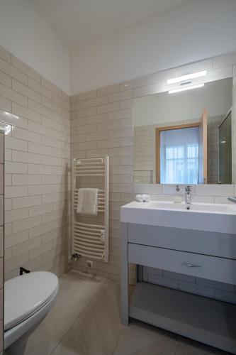 a bathroom with a sink and a toilet and a mirror at Hama Boutique Stays in Budapest