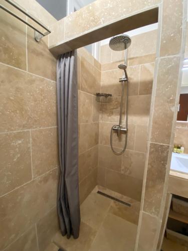 une douche avec un rideau de douche dans une salle de bain dans l'établissement Joli et lumineux appartement proche mer et centre ville Nice, à Nice