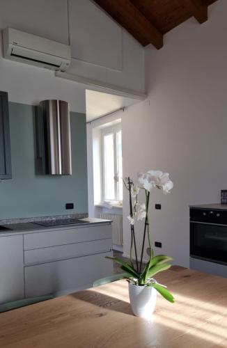 a white kitchen with a vase with flowers on a table at Skyview Family Lodge in Mezzocorona