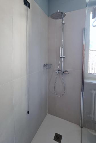 a bathroom with a shower with a glass door at Skyview Family Lodge in Mezzocorona