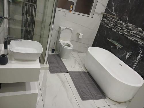 a bathroom with a toilet and a sink and a tub at Falconbridge Properties in Krugersdorp