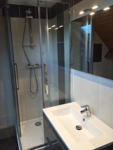 a bathroom with a sink and a shower at La Capelette in Escalles