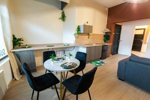 une cuisine et un salon avec une table et des chaises dans l'établissement A 100 M DE LA VIELLE VILLE, PROCHE REMPARTS, cosy holiday, à Boulogne-sur-Mer