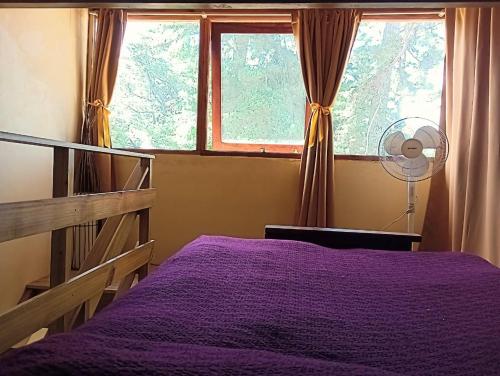 a bedroom with a purple bed and a window at CASA FAMILIAS muy cerca PLAYA Y Av3 in Villa Gesell