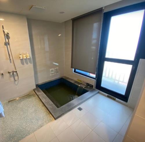 a bathroom with a shower and a pool of water at 金讚溫泉飯店 in Taimali