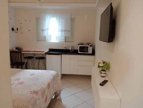 a small kitchen with a sink and a microwave at LOFT NOVO CONFORTÁVEL in Sorocaba