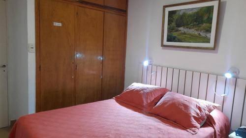 a bedroom with a bed with pink sheets and a wooden cabinet at Soñar en la Patagonia in Trelew