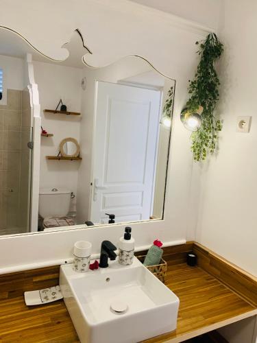 a bathroom with a white sink and a mirror at TI KAZ DOUDOU - village de vacances bord de mer in Sainte-Anne
