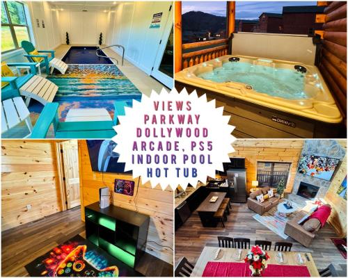 a collage of four pictures of a hot tub at Enchanted Peak Lodge in Pigeon Forge