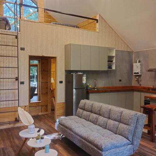 a living room with a couch and a kitchen at Cabaña en molco,entre Villarrica y Pucón in Molco