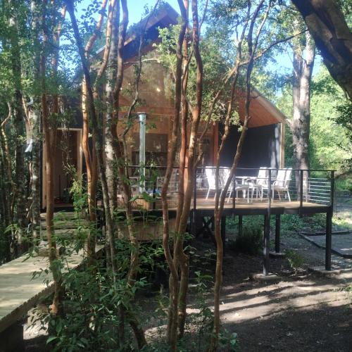 a tree house with a deck in the woods at Cabaña en molco,entre Villarrica y Pucón in Molco