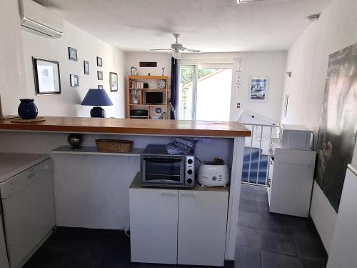 une cuisine avec un comptoir avec un micro-ondes dessus dans l'établissement Maison de village calme près du port - FR-1-309-486, à Banyuls-sur-Mer