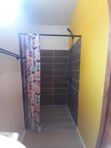 a shower with a shower curtain in a bathroom at Íntimo in Salinas 
