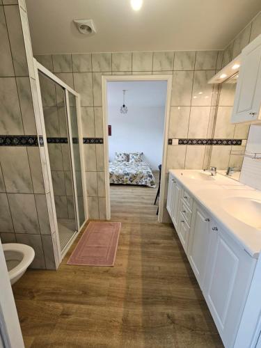 une salle de bain avec un lavabo, des toilettes et un miroir dans l'établissement Les Bruyères, à Remiremont