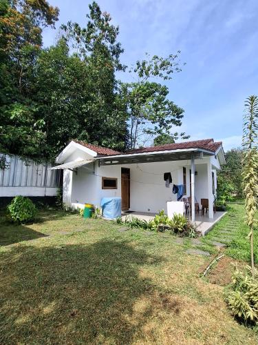 a small white house with a yard at Kebun Teduh Sukaharja Cijeruk Bogor in Palasari