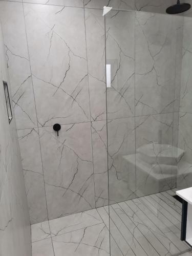 a shower with a glass door in a bathroom at Dreamers nest in Richards Bay