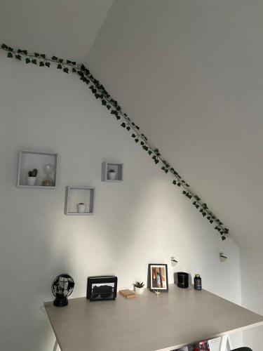 Cette chambre est dotée d'un mur blanc et d'une étagère avec des photos. dans l'établissement Maison proche circuit le Mans, à Teloché