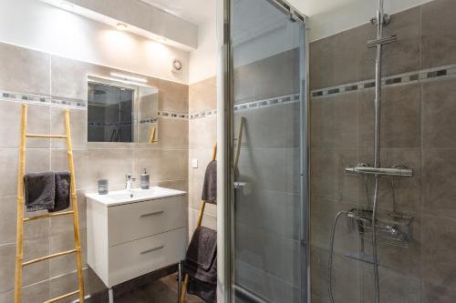 a bathroom with a shower and a sink and a mirror at Le Mélomane - Maison climatisée avec jardin clos in Montfrin