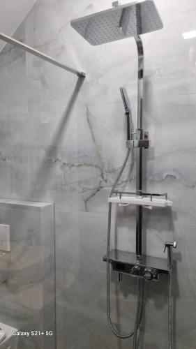 a shower head in a room with a glass wall at Casa Anda in Pucioasa