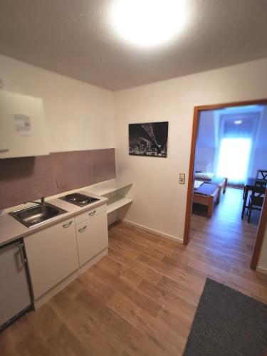 a kitchen with a sink and a counter top at Landhaus Herdt in Lauda-Königshofen