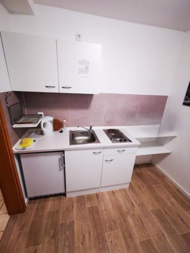 a small kitchen with white cabinets and a sink at Landhaus Herdt in Lauda-Königshofen
