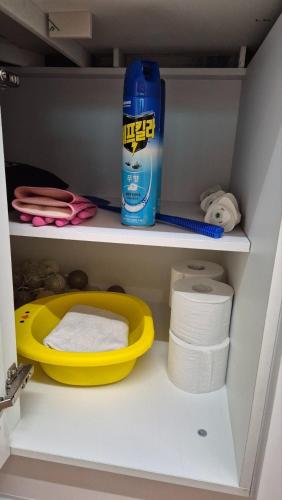 a cupboard with toilet paper and a bottle of bleach at Gyeongju Thousand Year's Miso Pension in Gyeongju