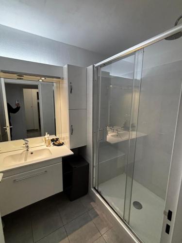 une salle de bain avec une douche en verre et un lavabo dans l'établissement Appartamento in riva al mare a Cannes, à Cannes