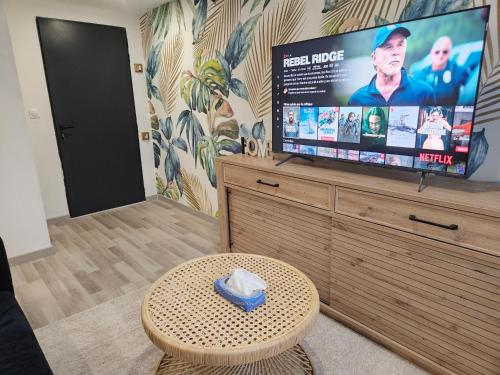 a living room with a large flat screen tv at Appartement T2 cosy à 5min à pieds de la gare in Valenciennes