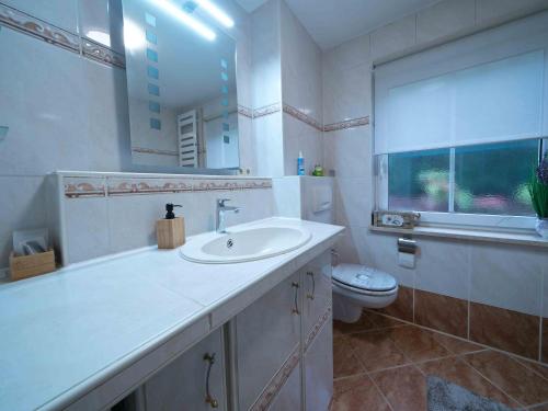 ein weißes Badezimmer mit Waschbecken und Toilette in der Unterkunft Bodenseeperle in Friedrichshafen