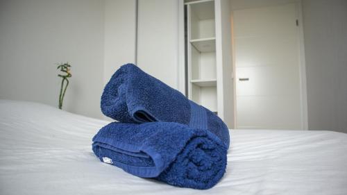 une serviette bleue posée sur un lit dans l'établissement Rooftop avec vue sur les Pyrénées et jacuzzi, au pied du zenith, à Toulouse