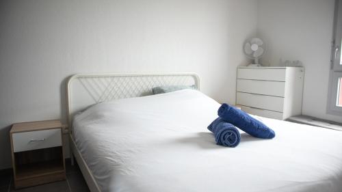 - un lit blanc avec une serviette bleue dans l'établissement Rooftop avec vue sur les Pyrénées et jacuzzi, au pied du zenith, à Toulouse