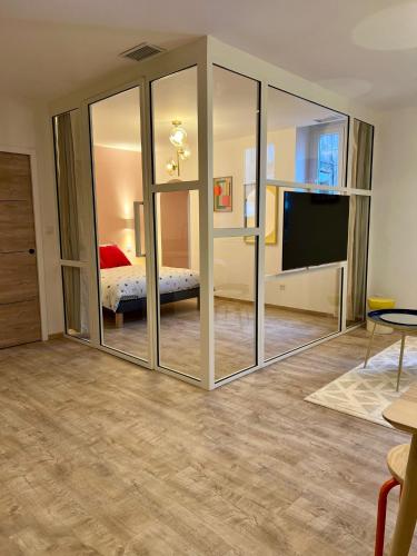 Cette chambre dispose de miroirs aux murs, d'un lit et d'une télévision. dans l'établissement Appartement Atypique, à Saint-Étienne