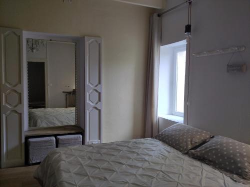 a bedroom with a bed and a large mirror at L'ENVOLEE in Champdeniers-Saint-Denis