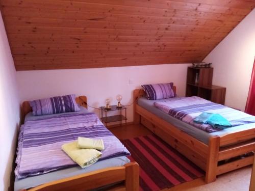 two beds in a room with wooden ceilings at Ferienwohnungen Leffer in Großheirath