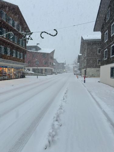 a snow covered street in a town with buildings at Bijou N 2 Lungern in Lungern