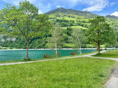 a path next to a lake with mountains in the background at Bijou N 2 Lungern in Lungern