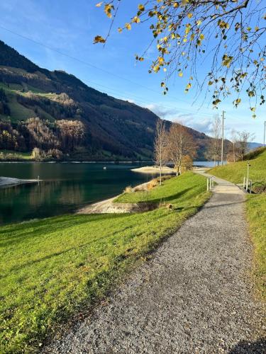 a gravel road next to a body of water at Bijou N 2 Lungern in Lungern