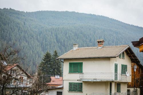 a white house with green shutters and a mountain at Cozy Luxurious Apartment Next to Borovets and Rila mountain in Govedartsi